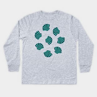 SEASHELLS Scattered Tropical Scallop Clam Shells Undersea Ocean Sea Life in Dark Teal Blue Turquoise and Dark Green - UnBlink Studio by Jackie Tahara Kids Long Sleeve T-Shirt